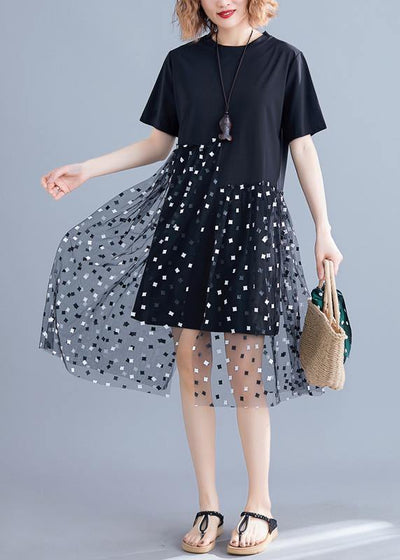 Handmade o neck patchwork tulle Cotton black Dress summer - bagstylebliss