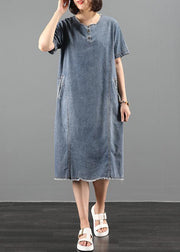 Handmade o neck pockets Wardrobes Fabrics denim blue Dresses - bagstylebliss