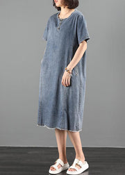 Handmade o neck pockets Wardrobes Fabrics denim blue Dresses - bagstylebliss