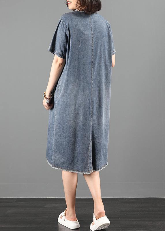 Handmade o neck pockets Wardrobes Fabrics denim blue Dresses - bagstylebliss