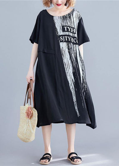 Handmade o neck pockets cotton dresses black print Maxi Dresses summer - bagstylebliss