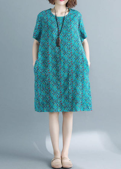 Handmade o neck pockets cotton linen outfit green print Dresses summer - bagstylebliss