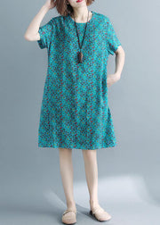 Handmade o neck pockets cotton linen outfit green print Dresses summer - bagstylebliss