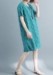 Handmade o neck pockets cotton linen outfit green print Dresses summer - bagstylebliss