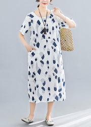 Handmade o neck pockets linen dresses Sewing navy print Dress summer - bagstylebliss