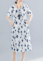 Handmade o neck pockets linen dresses Sewing navy print Dress summer - bagstylebliss