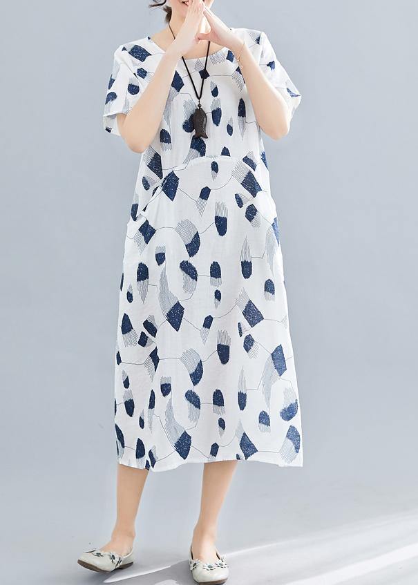 Handmade o neck pockets linen dresses Sewing navy print Dress summer - bagstylebliss