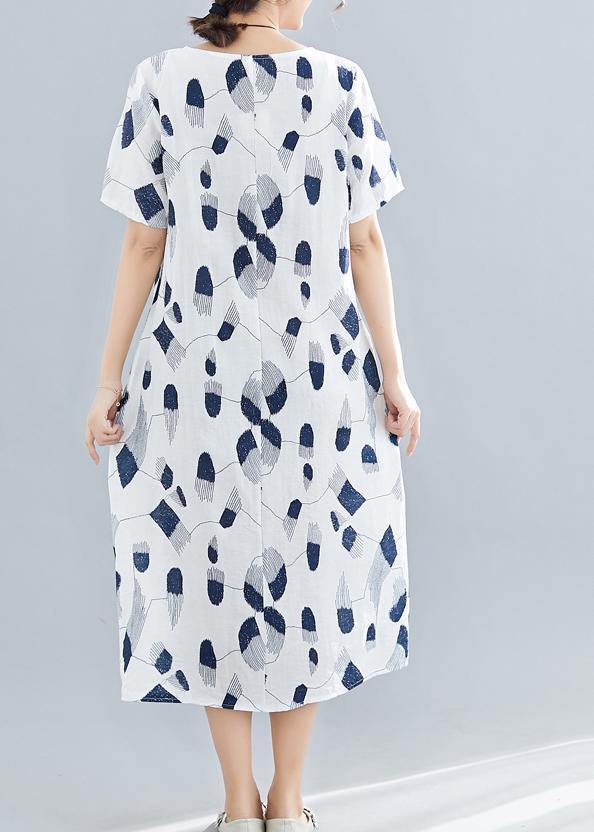 Handmade o neck pockets linen dresses Sewing navy print Dress summer - bagstylebliss