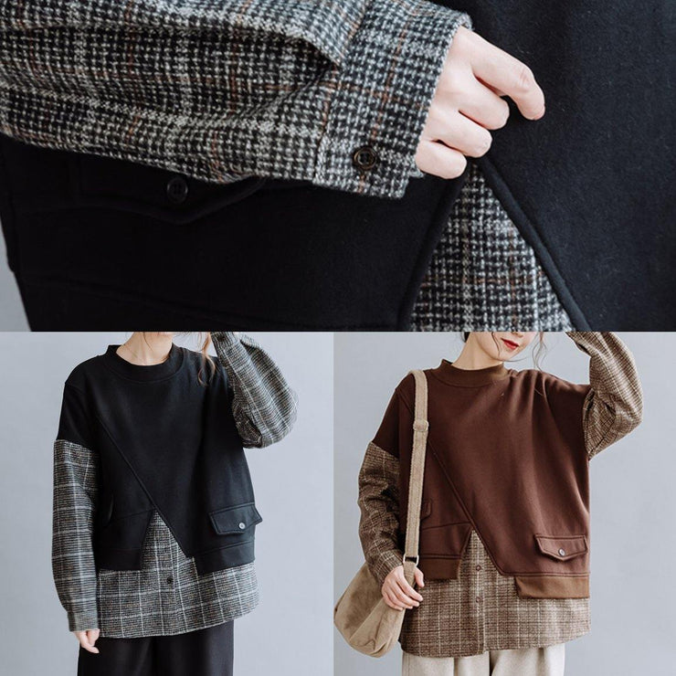 Handmade o neck shirts women design chocolate patchwork plaid top - bagstylebliss