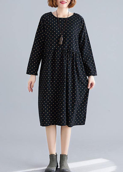 Handmade o neck Cinched Cotton spring Tunics pattern black dotted Dress - bagstylebliss