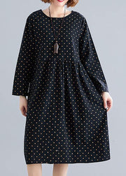 Handmade o neck Cinched Cotton spring Tunics pattern black dotted Dress - bagstylebliss