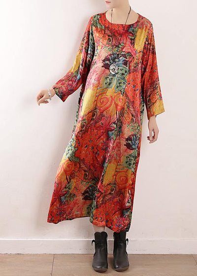 Handmade orange print chiffon Robes Korea Wardrobes o neck Maxi fall Dresses - bagstylebliss