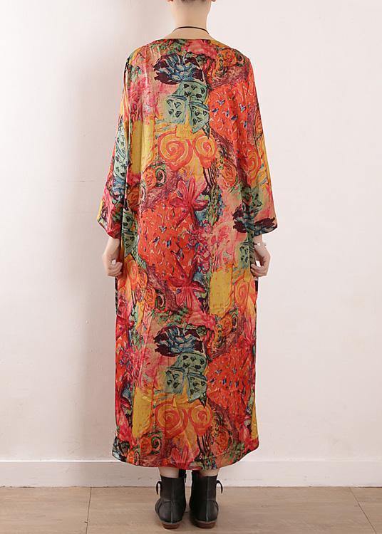 Handmade orange print chiffon Robes Korea Wardrobes o neck Maxi fall Dresses - bagstylebliss