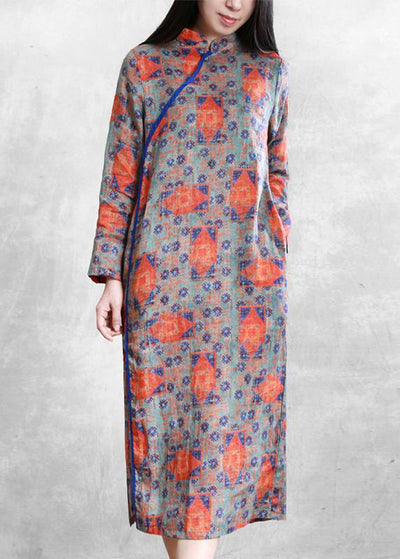 Handmade orange print linen clothes For Women stand collar side open cotton Dresses - bagstylebliss