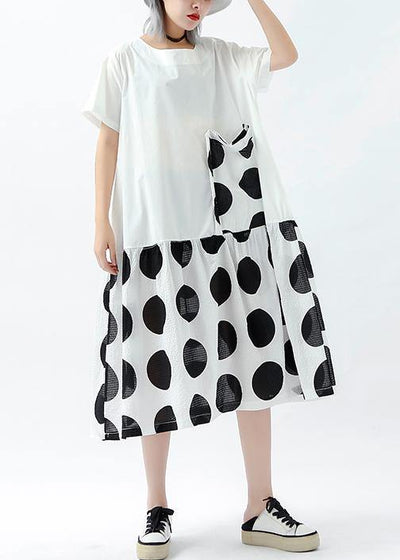 Handmade patchwork pockets linen cotton dresses Photography white dotted Dress summer - bagstylebliss