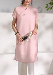 Handmade pink stand collar embroidery Dress - bagstylebliss