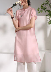 Handmade pink stand collar embroidery Dress - bagstylebliss