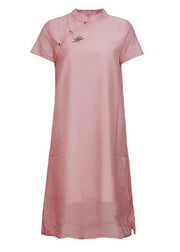 Handmade pink stand collar embroidery Dress - bagstylebliss