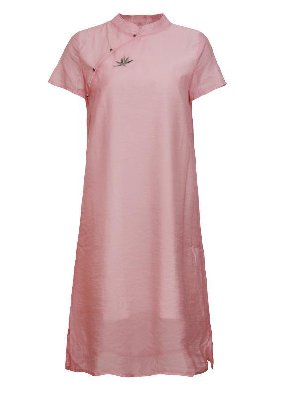 Handmade pink stand collar embroidery Dress - bagstylebliss