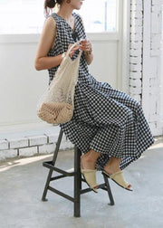 Handmade plaid linen Wardrobes Cinched o neck Plus Size Clothing summer Dress - bagstylebliss