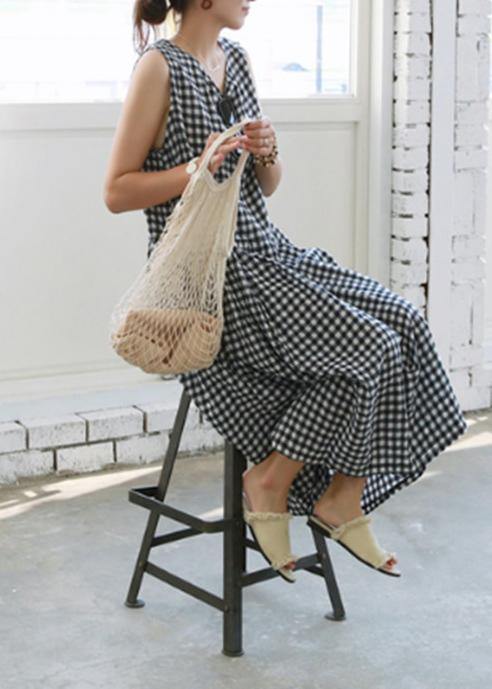 Handmade plaid linen Wardrobes Cinched o neck Plus Size Clothing summer Dress - bagstylebliss