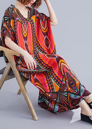 Handmade prints cotton Wardrobes Runway red v neck A Line Dresses summer - bagstylebliss