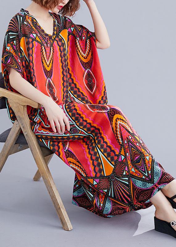 Handmade prints cotton Wardrobes Runway red v neck A Line Dresses summer - bagstylebliss