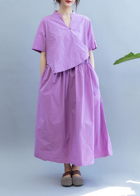 Handmade purple dress v neck patchwork Dress - bagstylebliss