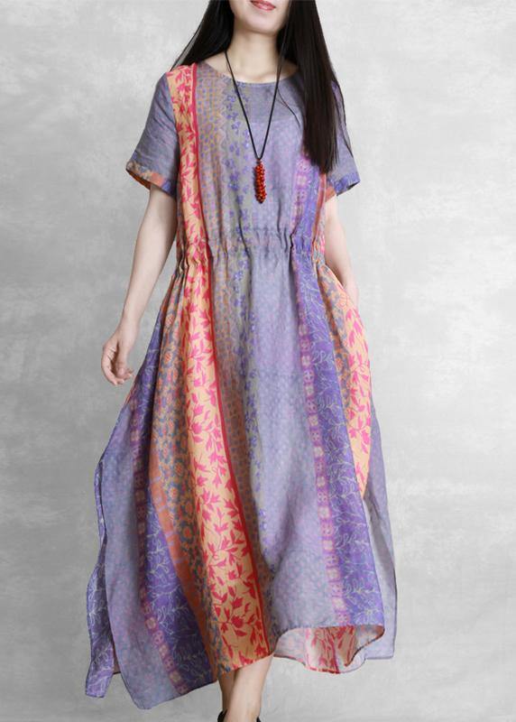 Handmade purple print dress o neck drawstring Robe Dress - bagstylebliss