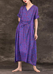 Handmade purple print linen clothes For Women v neck tie waist Maxi summer Dresses - bagstylebliss