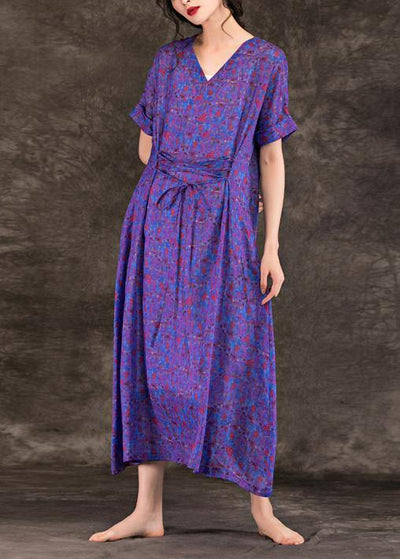 Handmade purple print linen clothes For Women v neck tie waist Maxi summer Dresses - bagstylebliss