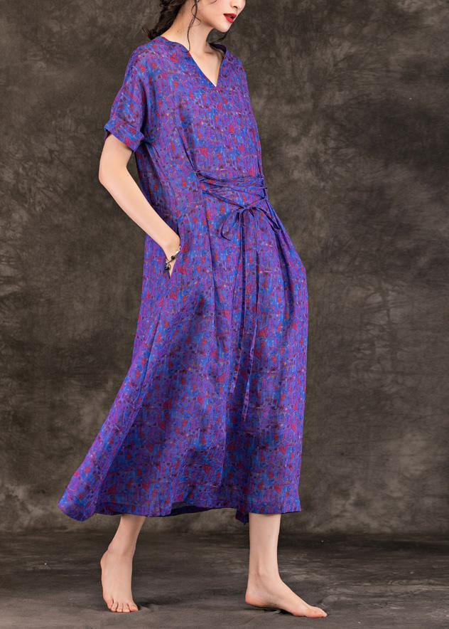 Handmade purple print linen clothes For Women v neck tie waist Maxi summer Dresses - bagstylebliss