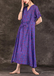 Handmade purple print linen clothes For Women v neck tie waist Maxi summer Dresses - bagstylebliss