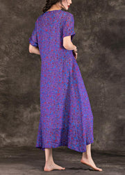 Handmade purple print linen clothes For Women v neck tie waist Maxi summer Dresses - bagstylebliss