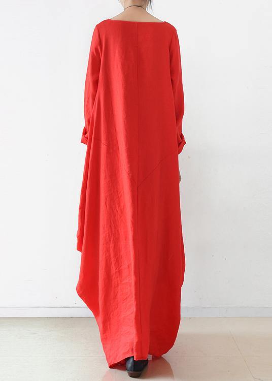 Handmade red  dress o neck long sleeve Robe Dresses - bagstylebliss