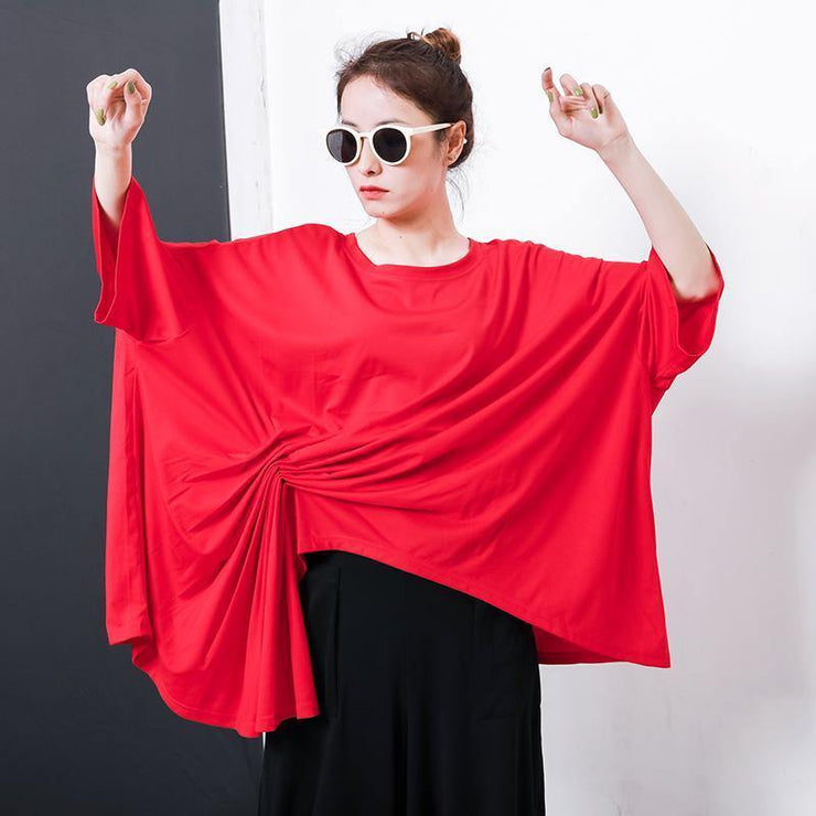 Handmade red cotton blouses for women Boho Irregular Design Pleated Solid Color T-Shirt - bagstylebliss
