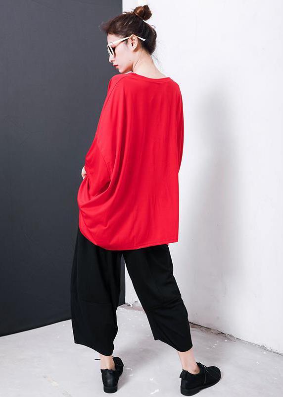 Handmade red cotton blouses for women Boho Irregular Design Pleated Solid Color T-Shirt - bagstylebliss