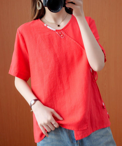 Handmade red embroidery shirts women v neck tie waist cotton top - bagstylebliss