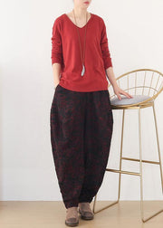 Handmade red harem pantspants  spring Jacquard design wild trousers - bagstylebliss