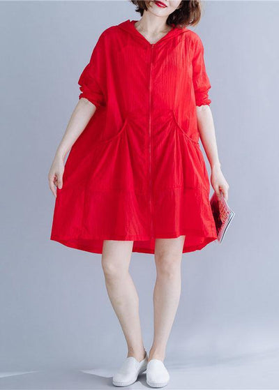Handmade red hooded cotton Long Shirts ruffles baggy summer top - bagstylebliss