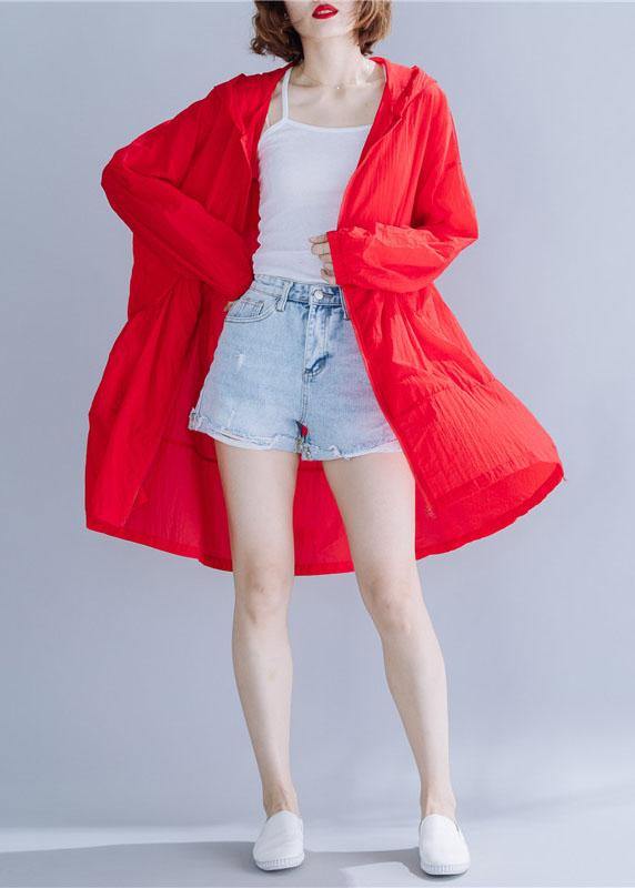 Handmade red hooded cotton Long Shirts ruffles baggy summer top - bagstylebliss