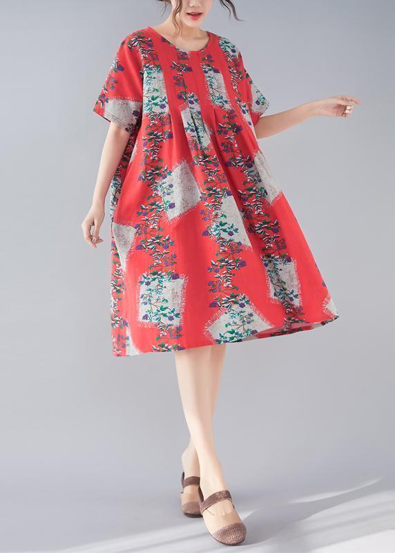 Handmade red print linen clothes Women Fine Tutorials o neck baggy summer Dresses