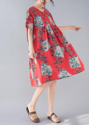 Handmade red print linen clothes Women Fine Tutorials o neck baggy summer Dresses