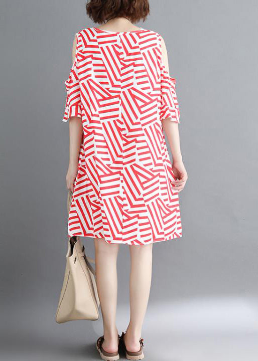 Handmade red striped Cotton clothes Women Omychic off the shoulder daily Summer Dress