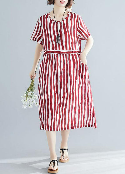 Handmade red striped clothes Women o neck drawstring Art summer Dress - bagstylebliss