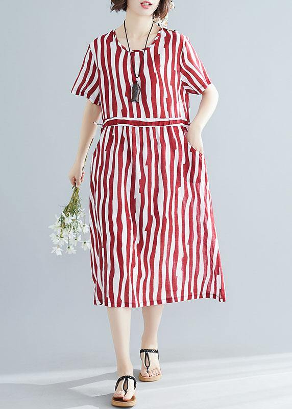 Handmade red striped clothes Women o neck drawstring Art summer Dress - bagstylebliss