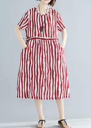 Handmade red striped clothes Women o neck drawstring Art summer Dress - bagstylebliss