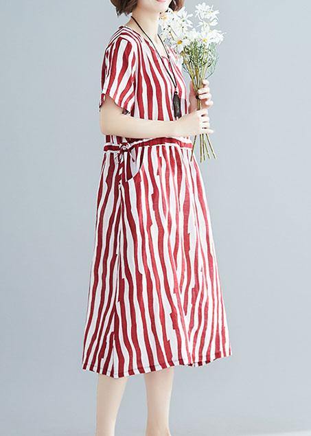 Handmade red striped clothes Women o neck drawstring Art summer Dress - bagstylebliss