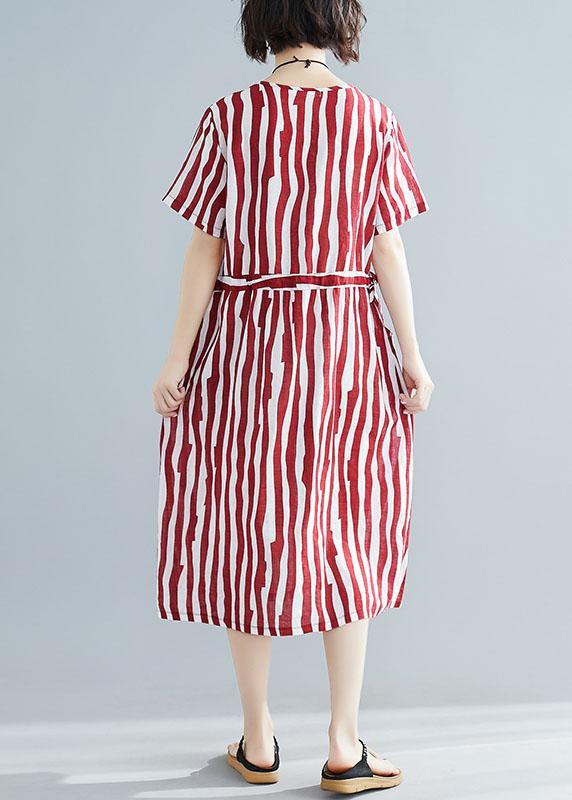 Handmade red striped clothes Women o neck drawstring Art summer Dress - bagstylebliss