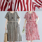 Handmade red striped clothes Women o neck drawstring Art summer Dress - bagstylebliss